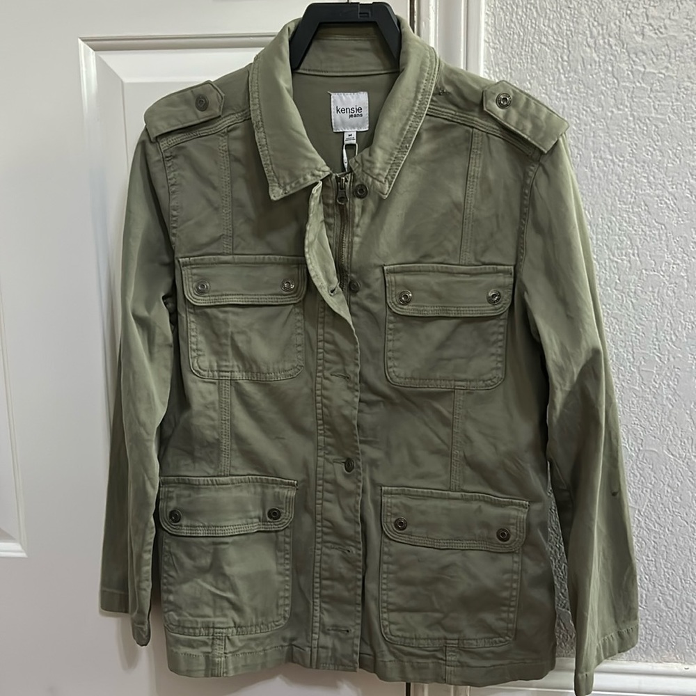 KENSIE Dark Green Jeans Stretch Denim Button Down Fitted Utility Jacket